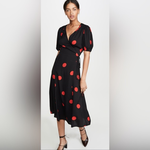 Reformation Dresses & Skirts - REFORMATION Augustina Black Red Polka Dot Wrap Midi Dress size XS
